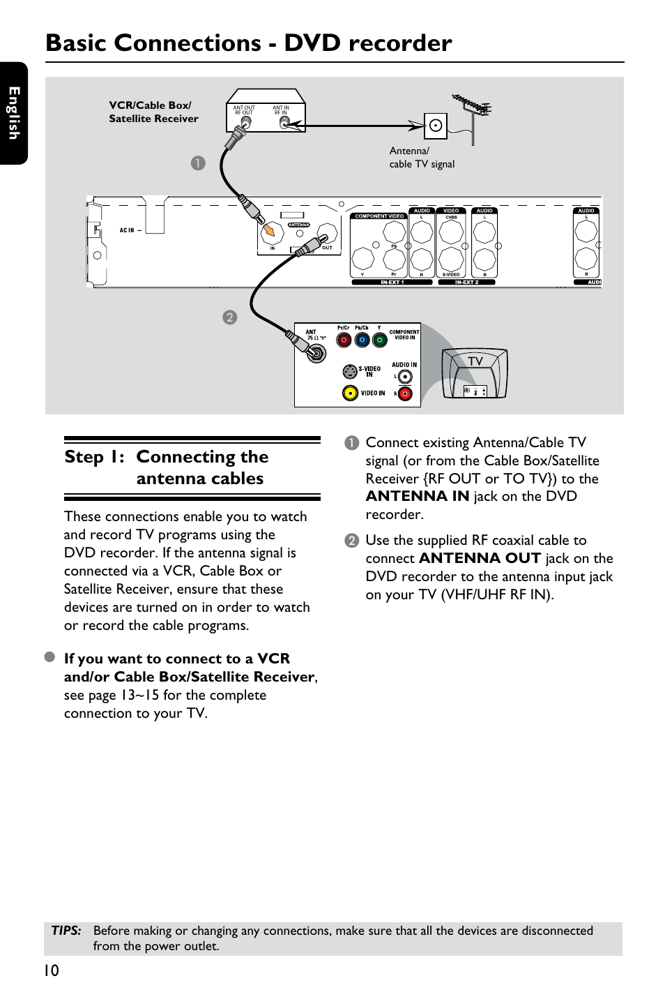 Basic connections - dvd recorder, Step 1: connecting the antenna cables | Philips DVDR3375/93 User Manual | Page 10 / 59