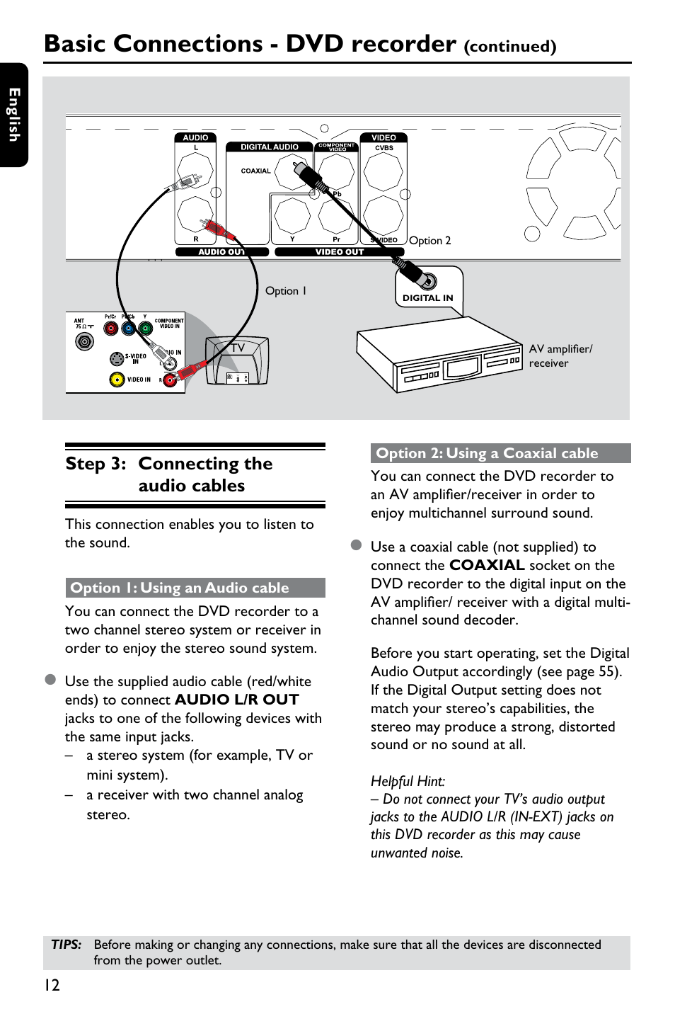 Basic connections - dvd recorder, Step 3: connecting the audio cables, Continued) | Philips DVDR3375/93 User Manual | Page 12 / 59