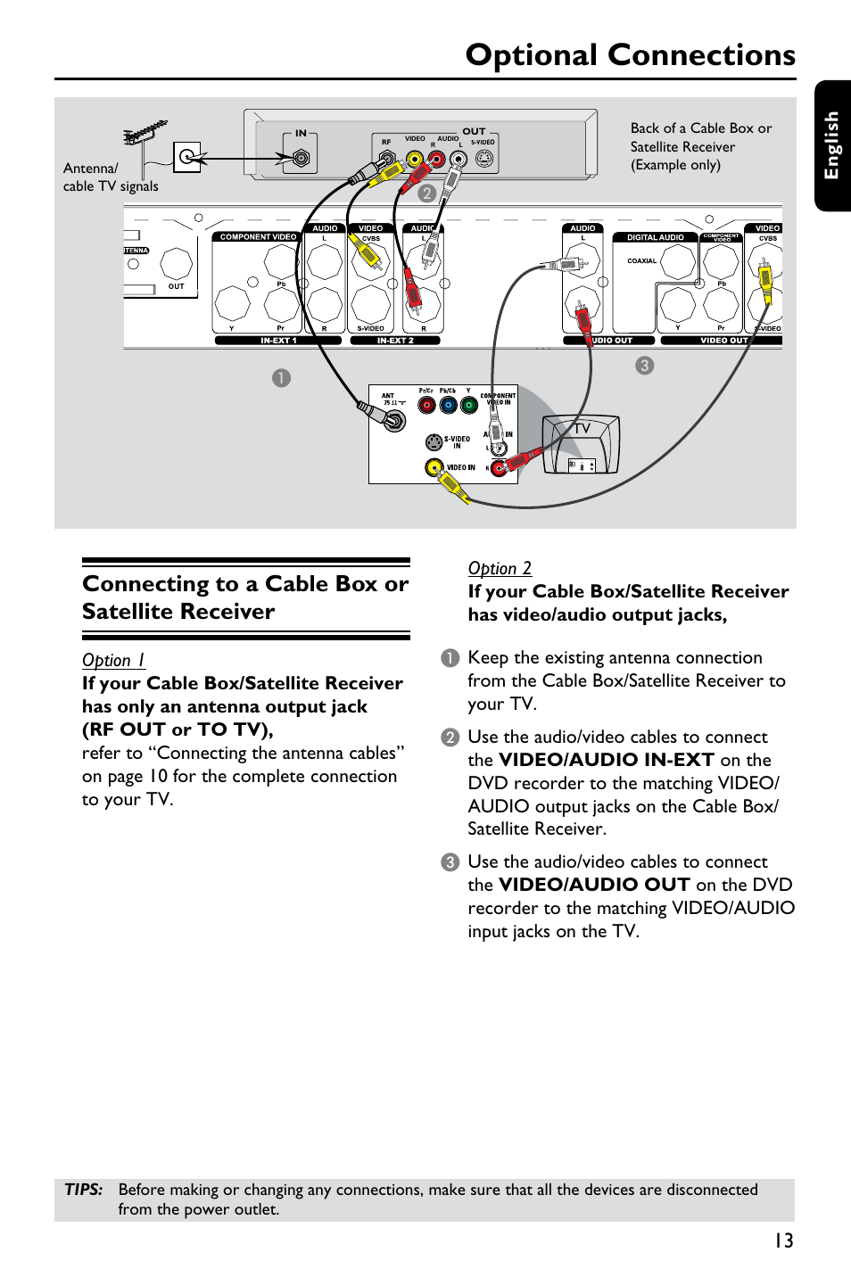 Optional connections, Connecting to a cable box or satellite receiver | Philips DVDR3375/93 User Manual | Page 13 / 59