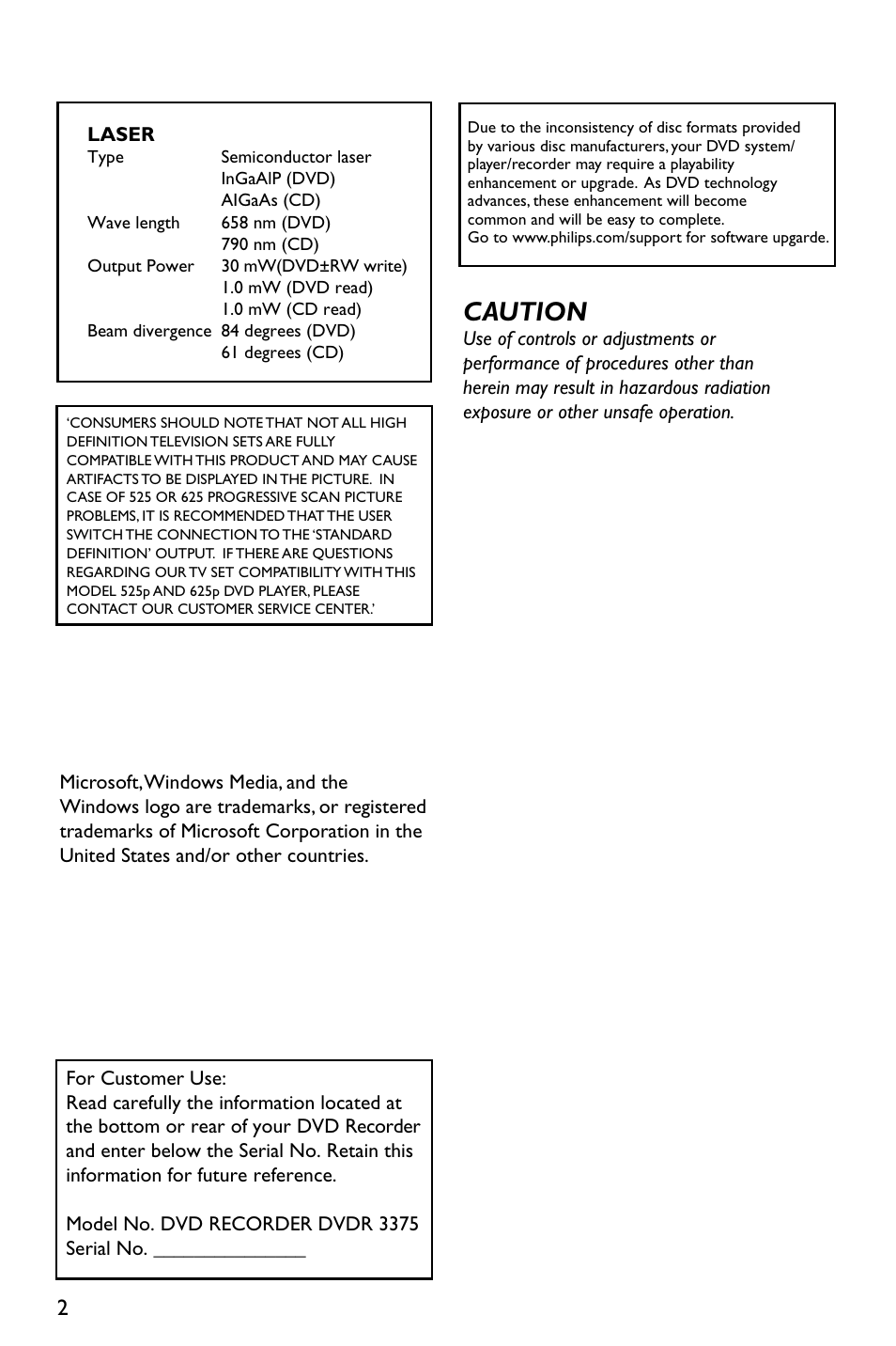 Caution | Philips DVDR3375/93 User Manual | Page 2 / 59