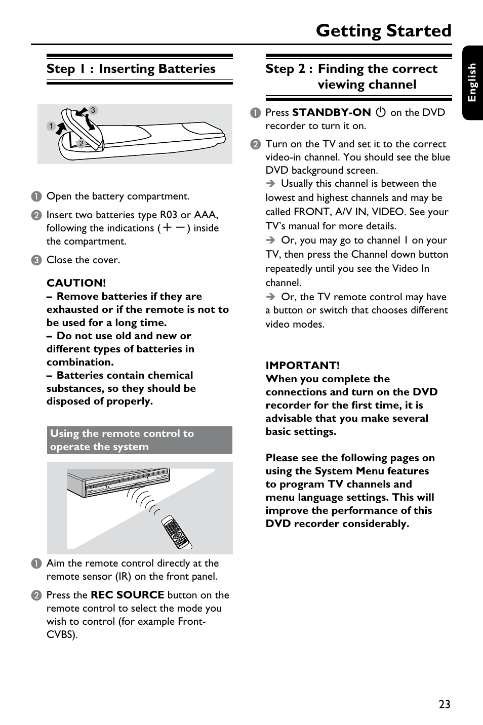 Getting started, Step 1 : inserting batteries, Step 2 : finding the correct viewing channel | Philips DVDR3375/93 User Manual | Page 23 / 59