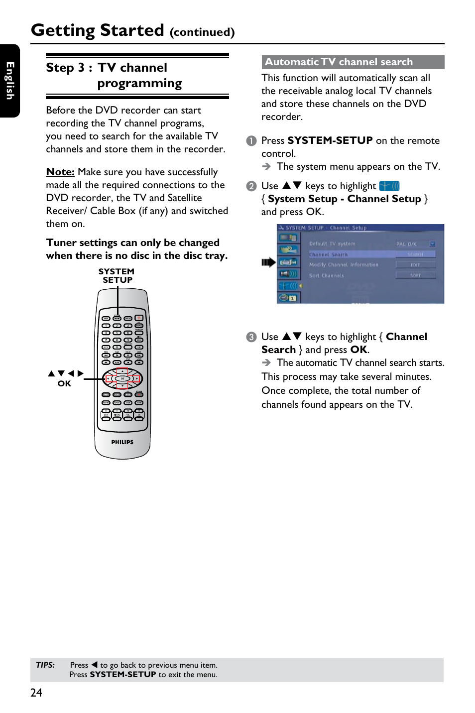 Getting started, Step 3 : tv channel programming | Philips DVDR3375/93 User Manual | Page 24 / 59