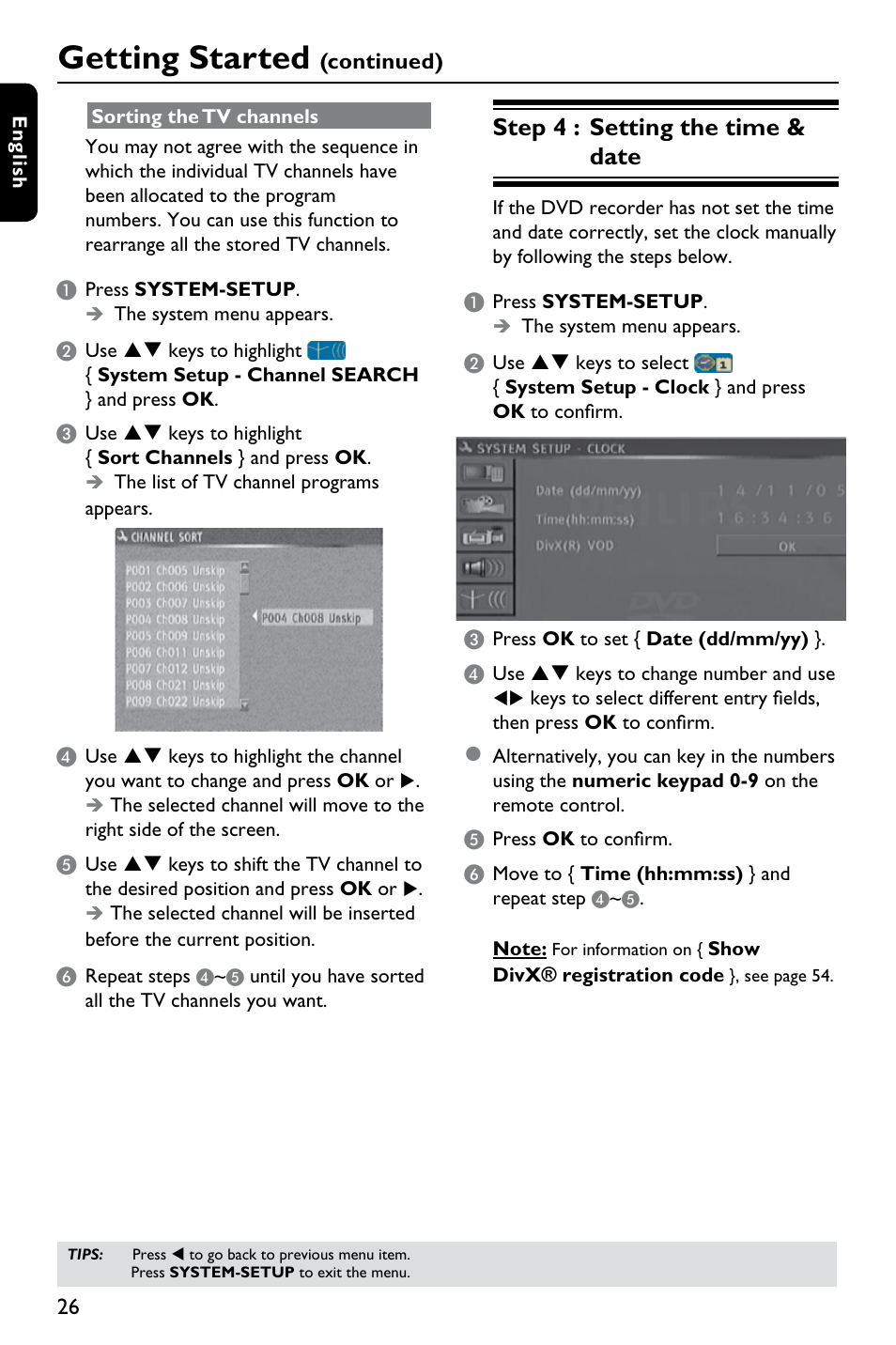 Getting started, Step 4 : setting the time & date | Philips DVDR3375/93 User Manual | Page 26 / 59