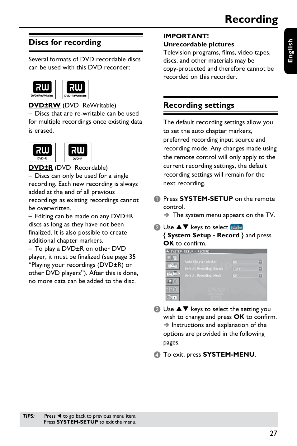 Recording, Discs for recording, Recording settings | Philips DVDR3375/93 User Manual | Page 27 / 59