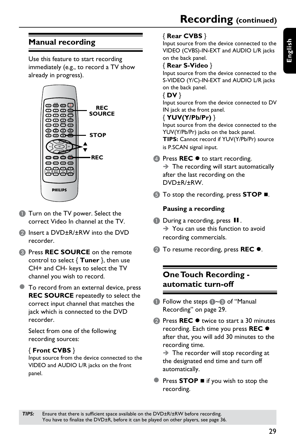 Recording, Manual recording, One touch recording - automatic turn-off | Philips DVDR3375/93 User Manual | Page 29 / 59