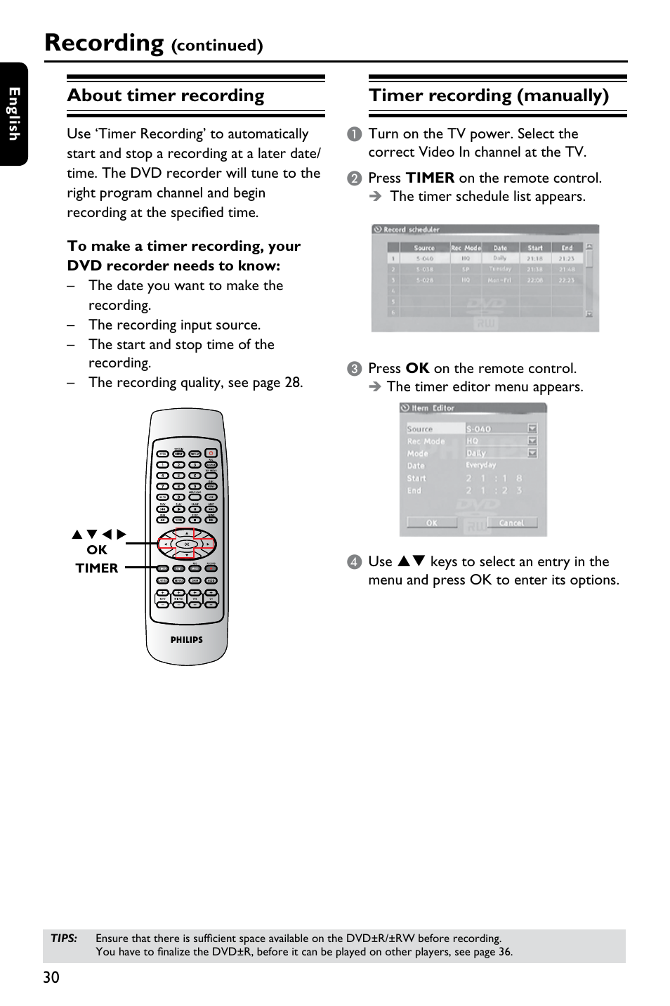 Recording, Timer recording (manually), About timer recording | Philips DVDR3375/93 User Manual | Page 30 / 59