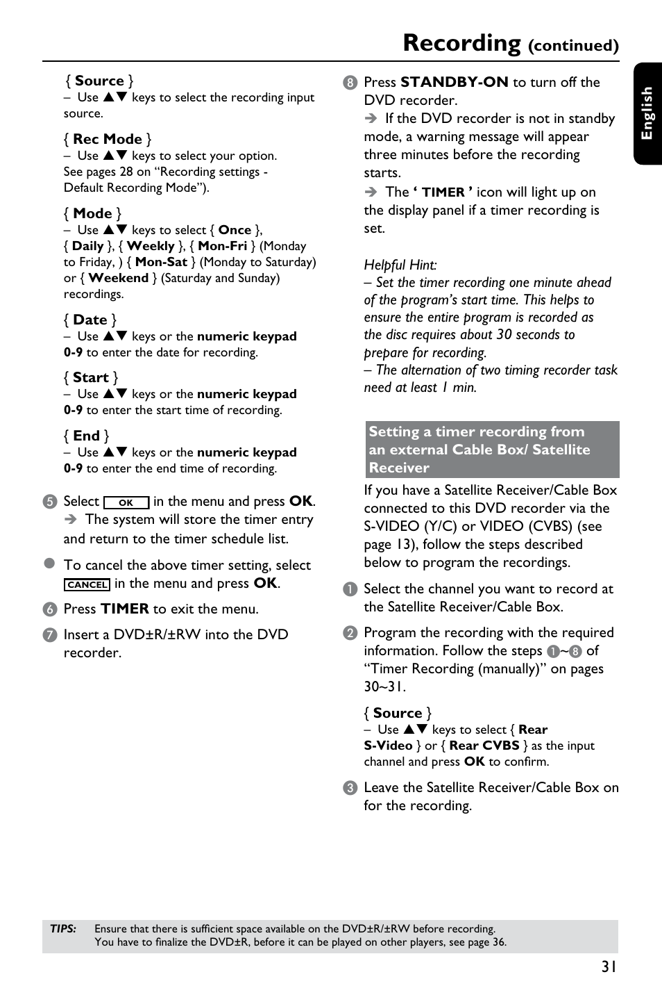 Recording, Continued) | Philips DVDR3375/93 User Manual | Page 31 / 59