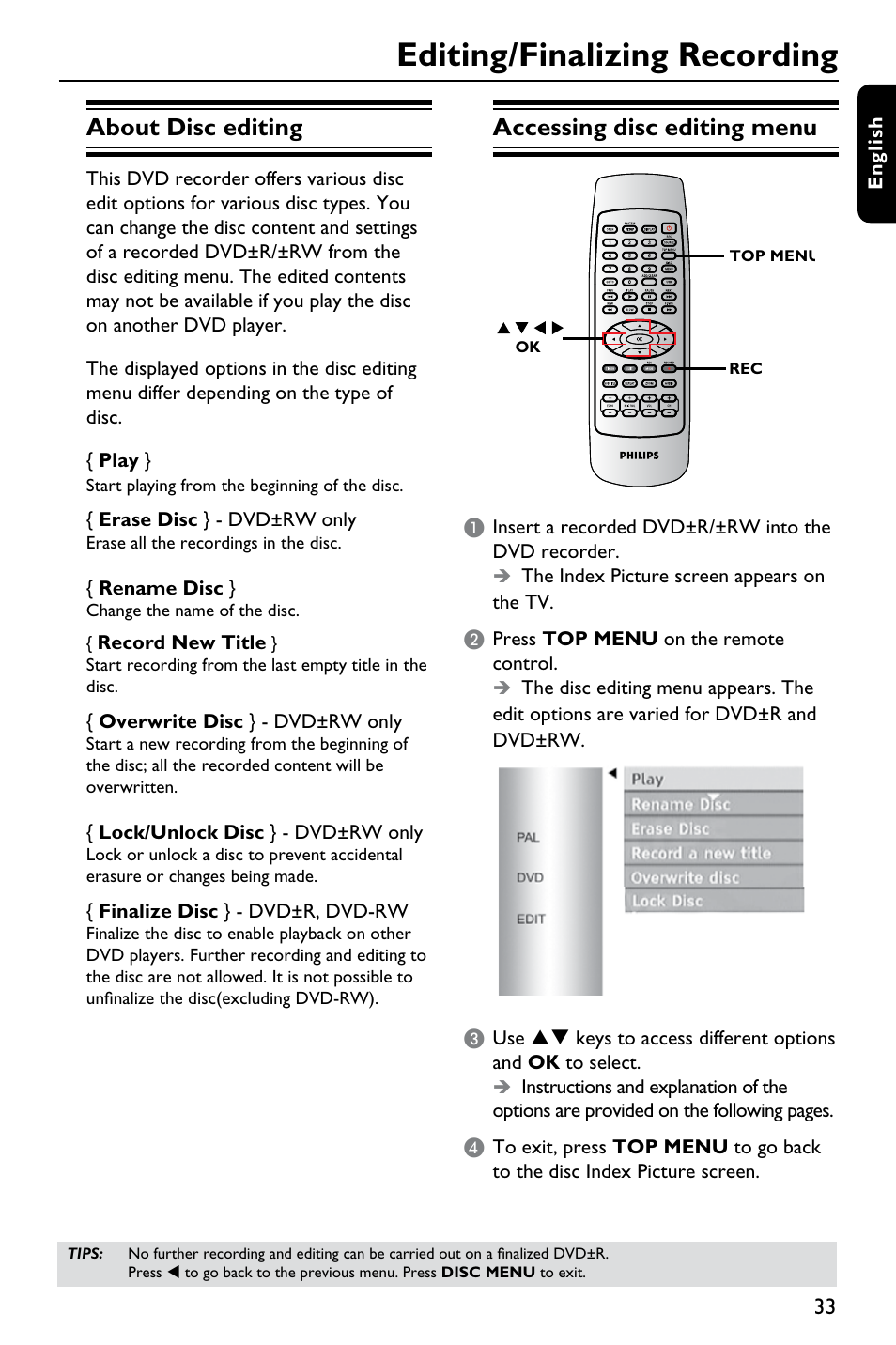 Editing/finalizing recording, Accessing disc editing menu, About disc editing | Philips DVDR3375/93 User Manual | Page 33 / 59