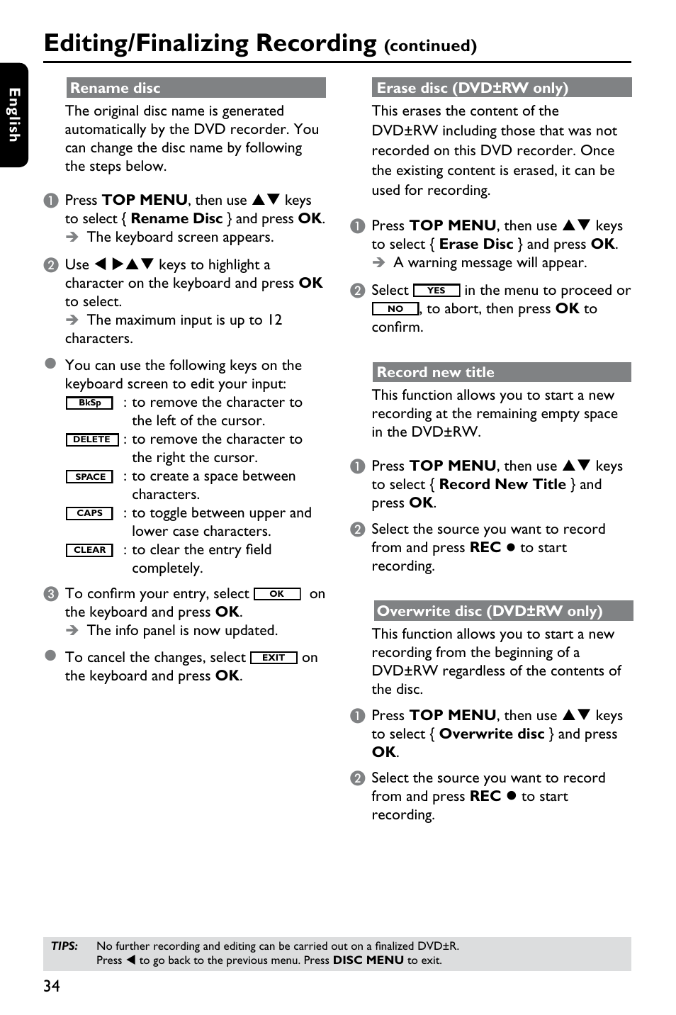 Editing/finalizing recording, Continued) | Philips DVDR3375/93 User Manual | Page 34 / 59