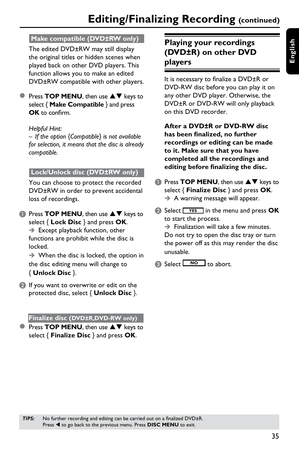Editing/finalizing recording | Philips DVDR3375/93 User Manual | Page 35 / 59