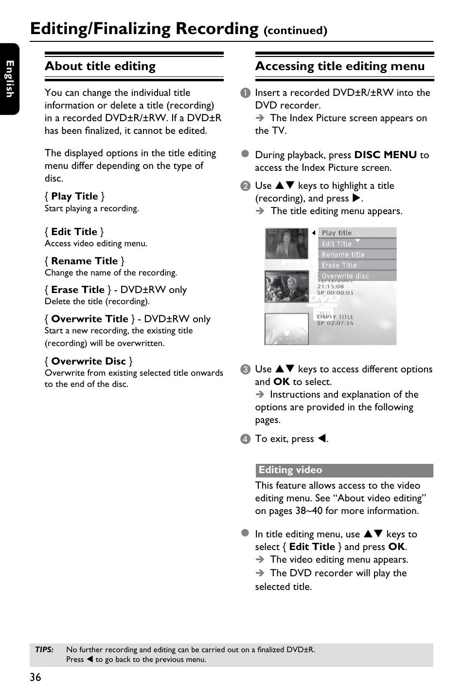 Editing/finalizing recording, About title editing, Accessing title editing menu | Philips DVDR3375/93 User Manual | Page 36 / 59