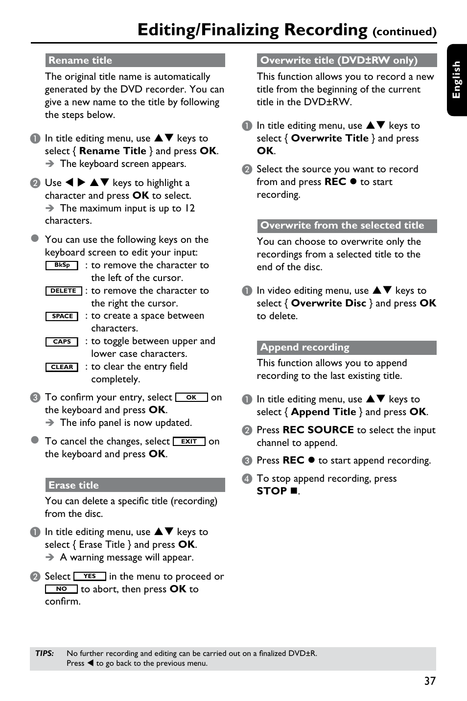 Editing/finalizing recording, Continued) | Philips DVDR3375/93 User Manual | Page 37 / 59