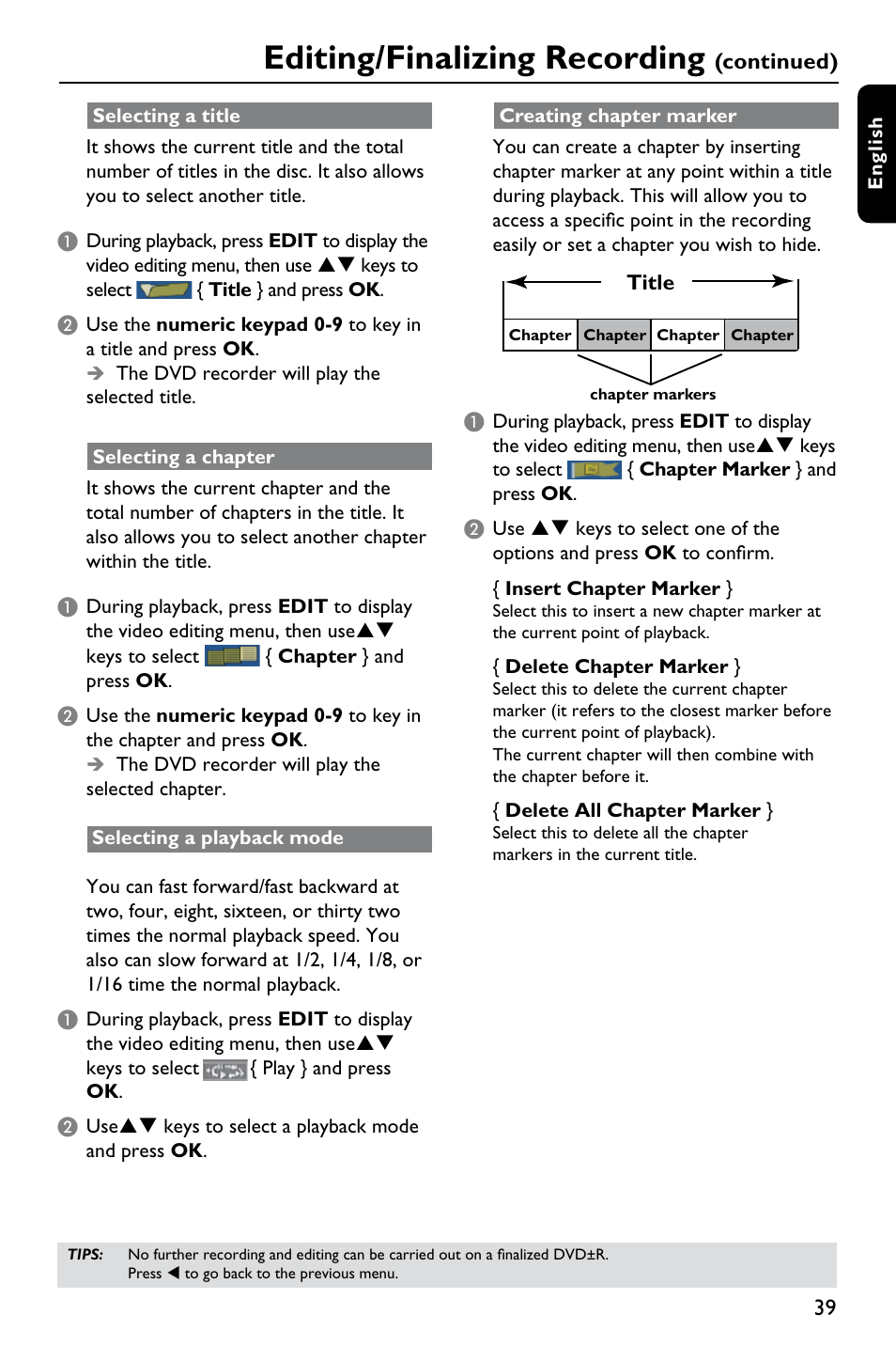 Editing/finalizing recording | Philips DVDR3375/93 User Manual | Page 39 / 59