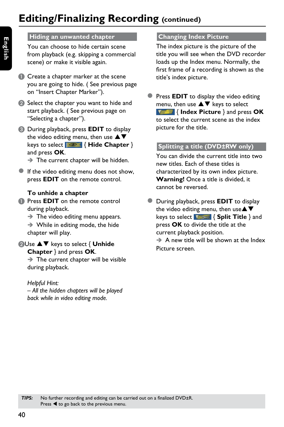 Editing/finalizing recording | Philips DVDR3375/93 User Manual | Page 40 / 59