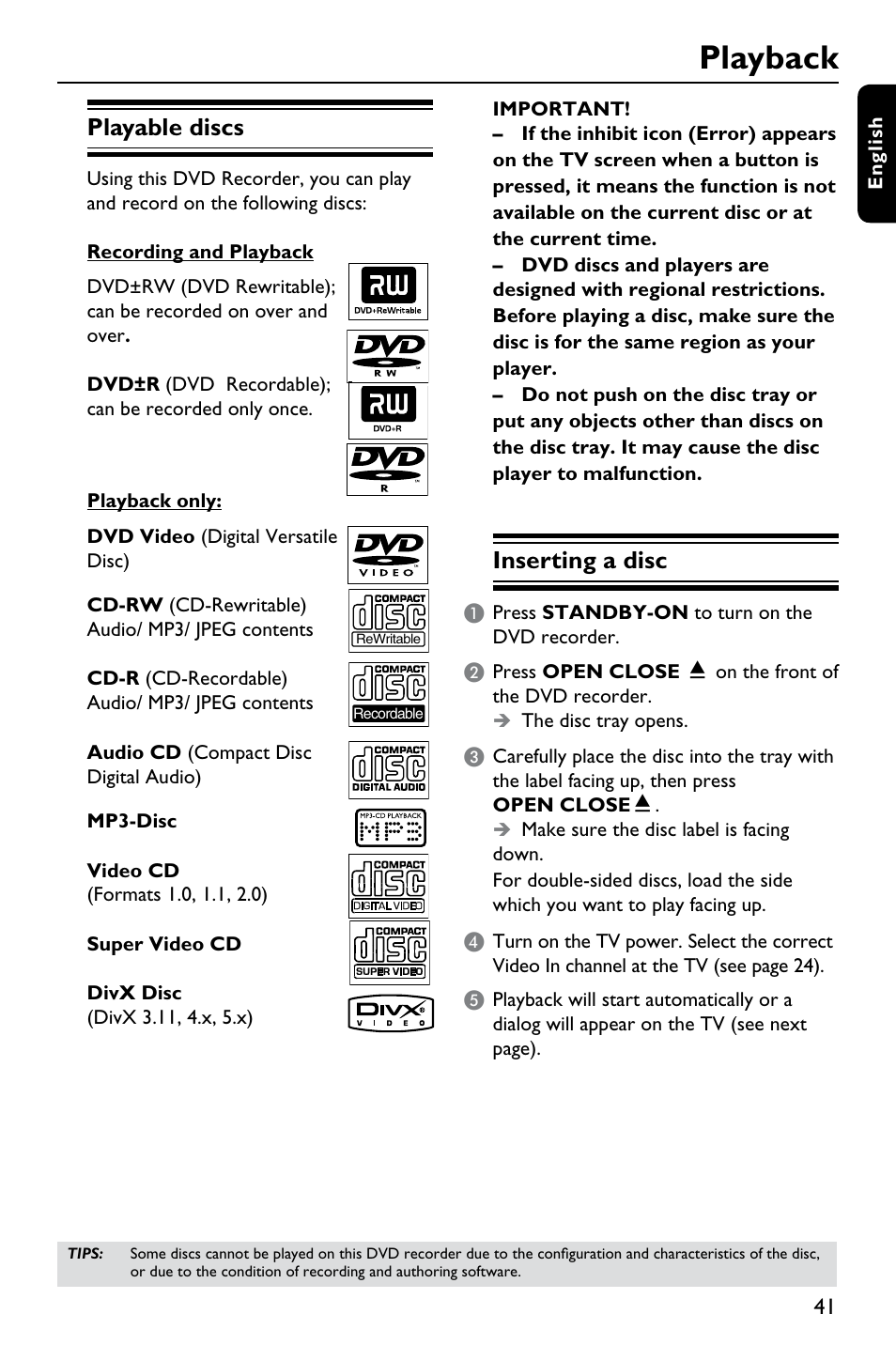 Playback, Playable discs, Inserting a disc | Philips DVDR3375/93 User Manual | Page 41 / 59