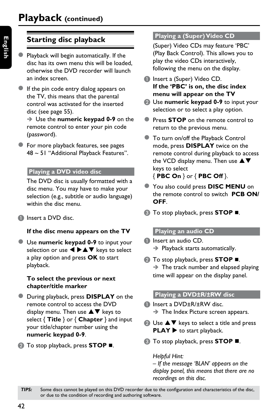 Playback, Starting disc playback l | Philips DVDR3375/93 User Manual | Page 42 / 59