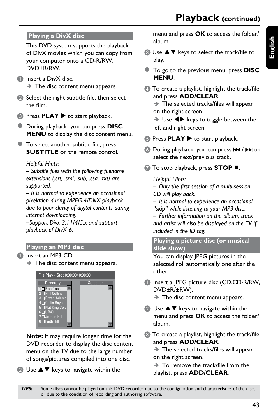 Playback, Continued) | Philips DVDR3375/93 User Manual | Page 43 / 59