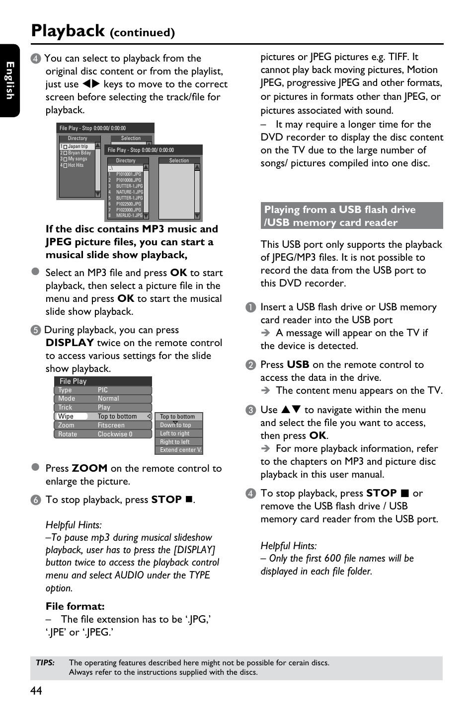 Playback, Continued), En g lis h | Philips DVDR3375/93 User Manual | Page 44 / 59