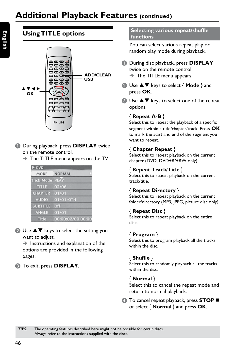 Additional playback features, Using title options, Continued) | Philips DVDR3375/93 User Manual | Page 46 / 59