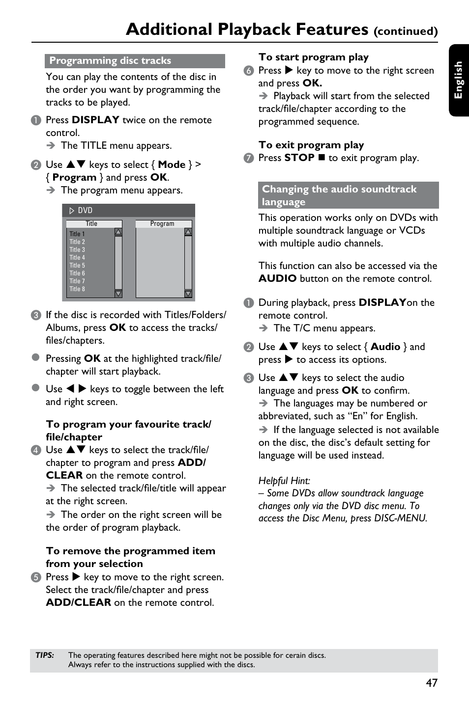 Additional playback features, Continued) | Philips DVDR3375/93 User Manual | Page 47 / 59