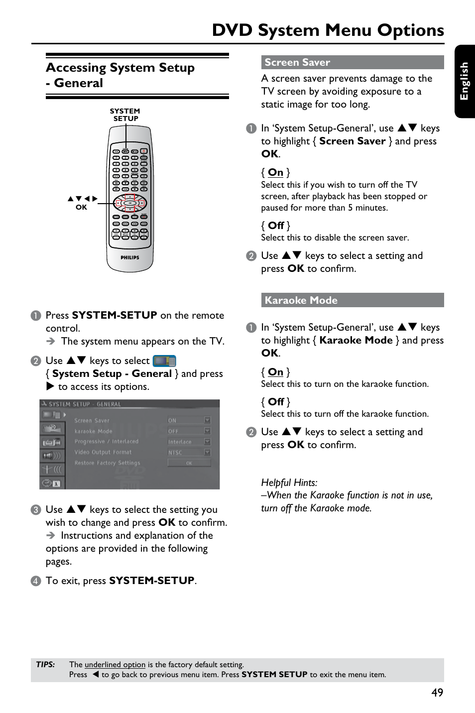 Dvd system menu options, Accessing system setup - general | Philips DVDR3375/93 User Manual | Page 49 / 59