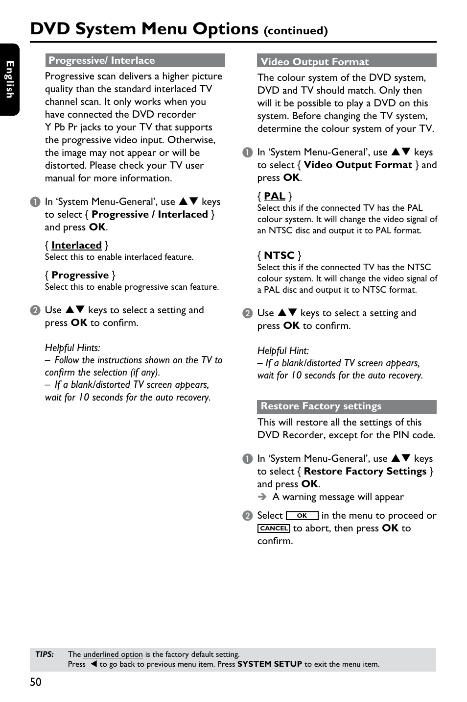 Dvd system menu options, Continued) | Philips DVDR3375/93 User Manual | Page 50 / 59