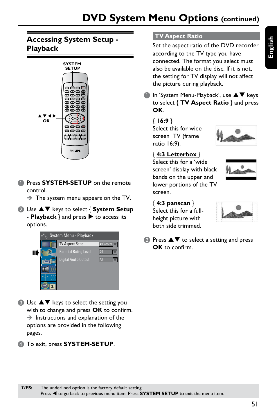 Dvd system menu options, Accessing system setup - playback, Continued) | Philips DVDR3375/93 User Manual | Page 51 / 59