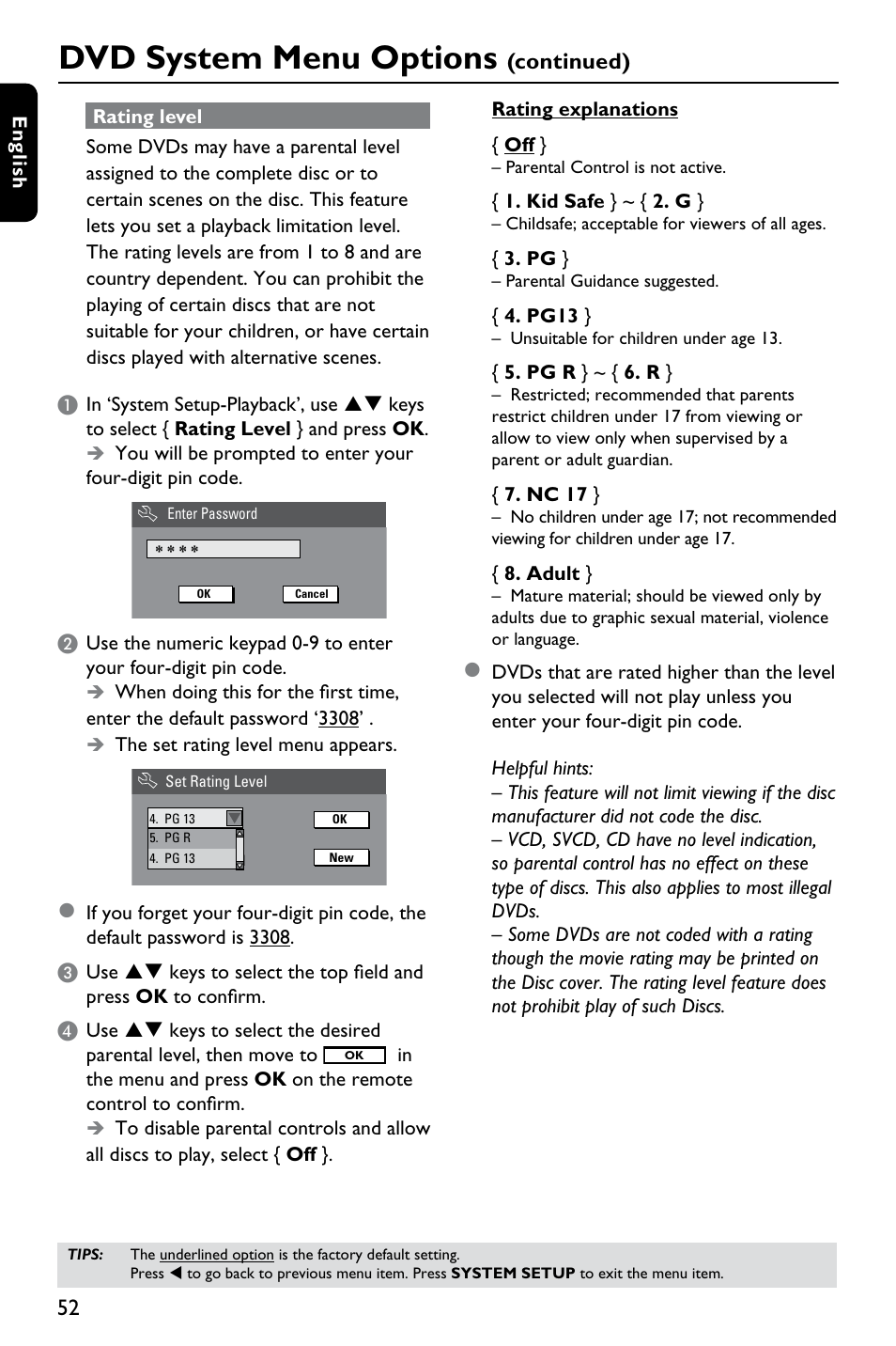 Dvd system menu options, Continued) | Philips DVDR3375/93 User Manual | Page 52 / 59