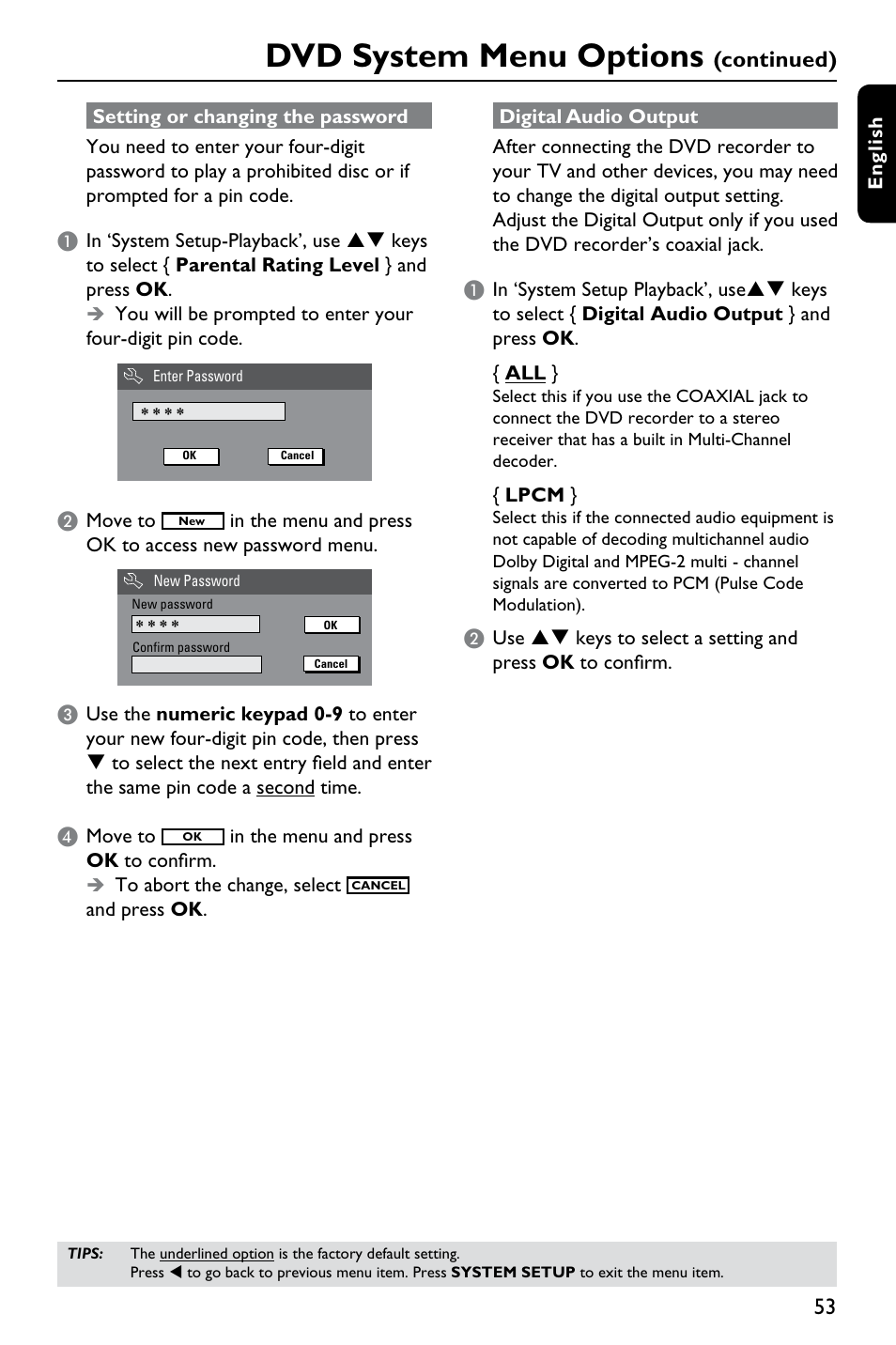 Dvd system menu options, Continued) | Philips DVDR3375/93 User Manual | Page 53 / 59