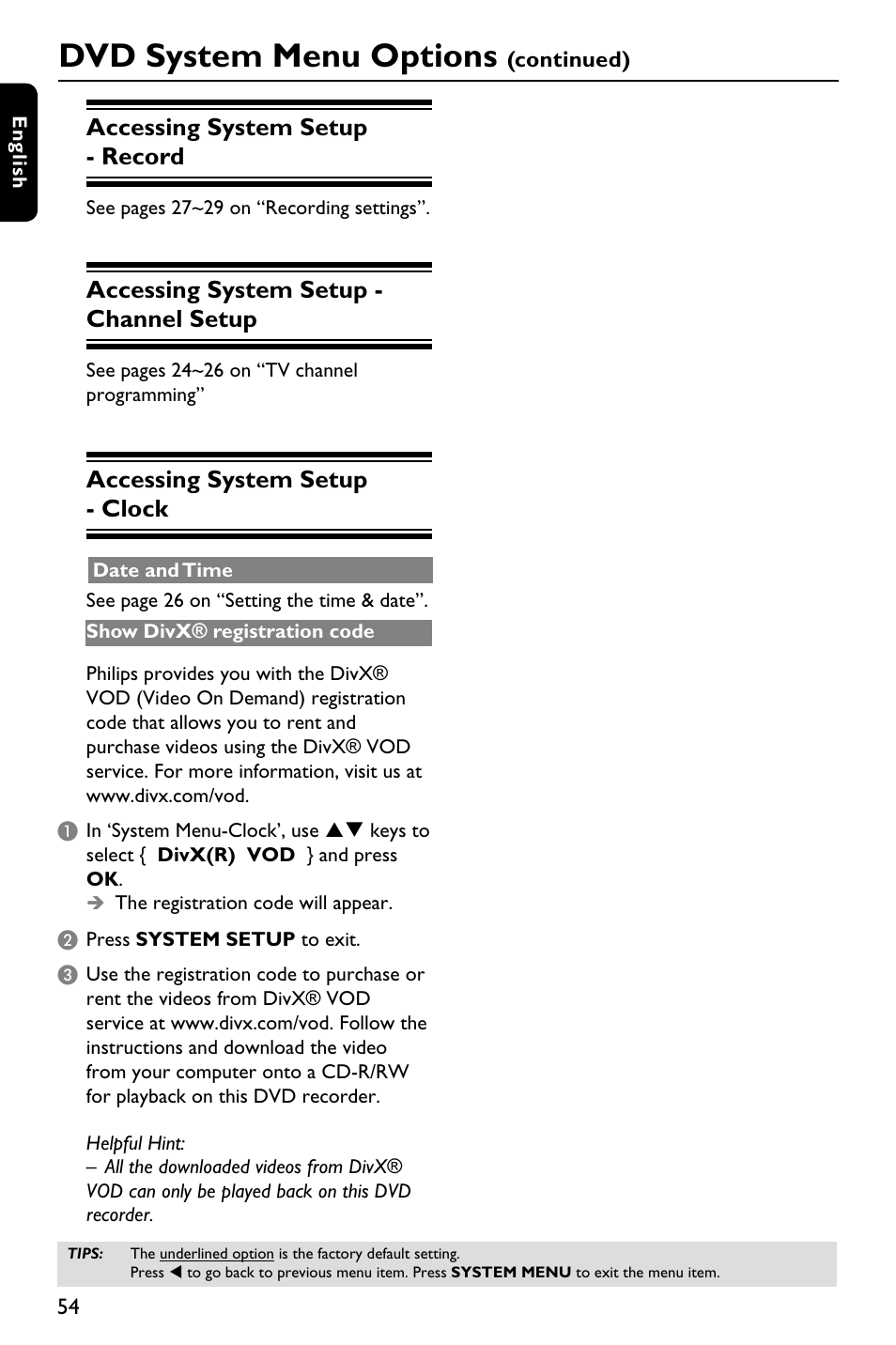 Dvd system menu options, Accessing system setup - record, Accessing system setup - channel setup | Accessing system setup - clock | Philips DVDR3375/93 User Manual | Page 54 / 59