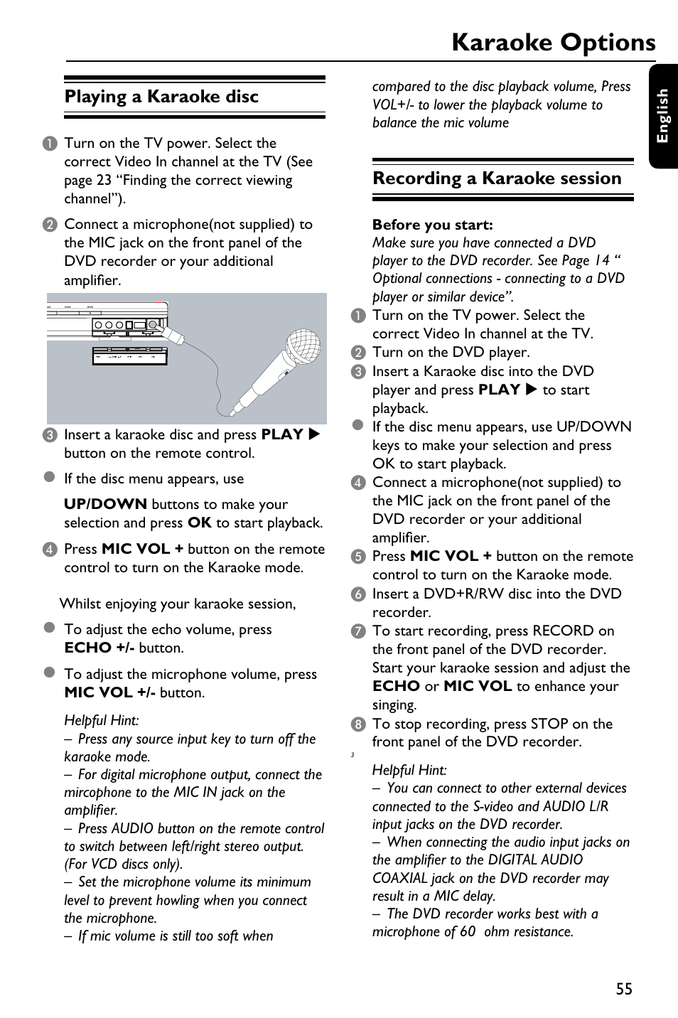 Karaoke options, Playing a karaoke disc, Recording a karaoke session | Philips DVDR3375/93 User Manual | Page 55 / 59