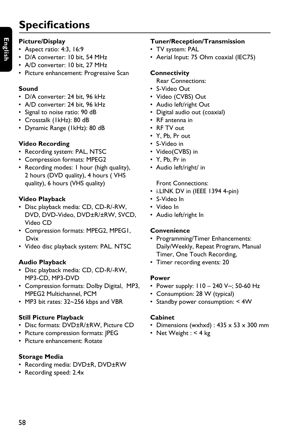 Specifications | Philips DVDR3375/93 User Manual | Page 58 / 59