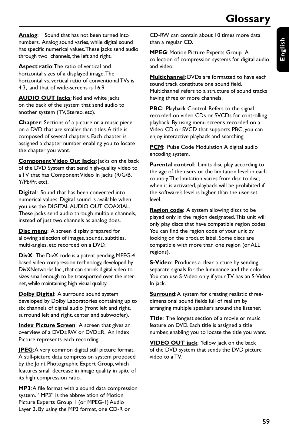 Glossary | Philips DVDR3375/93 User Manual | Page 59 / 59