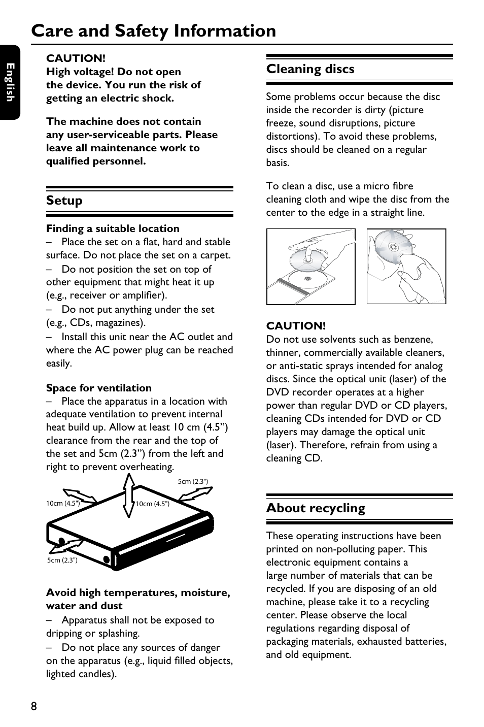 Care and safety information, Cleaning discs, About recycling | Setup | Philips DVDR3375/93 User Manual | Page 8 / 59