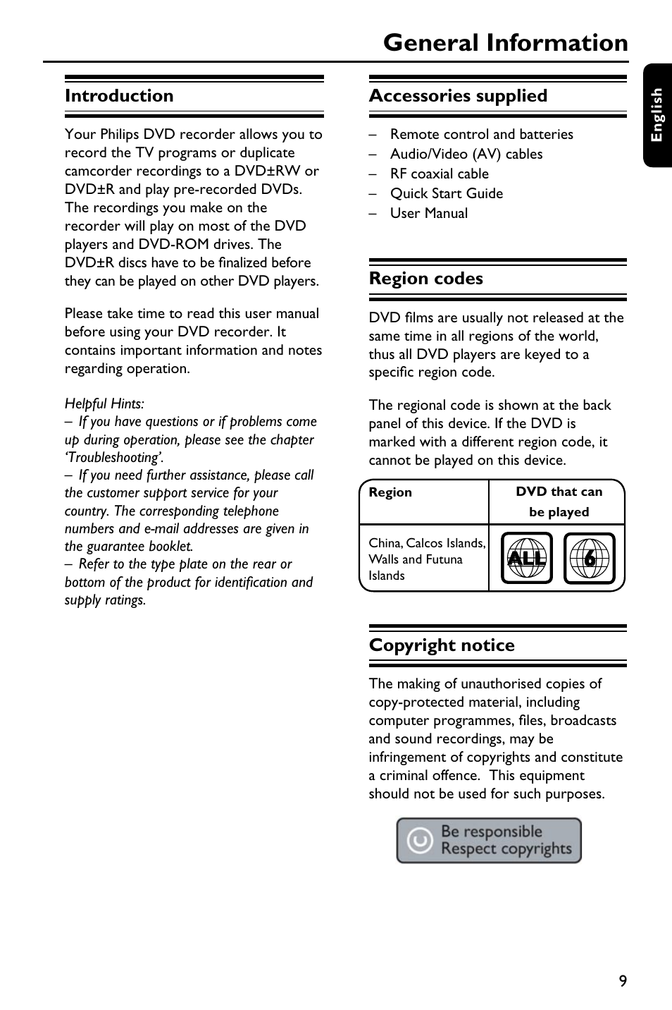 General information | Philips DVDR3375/93 User Manual | Page 9 / 59