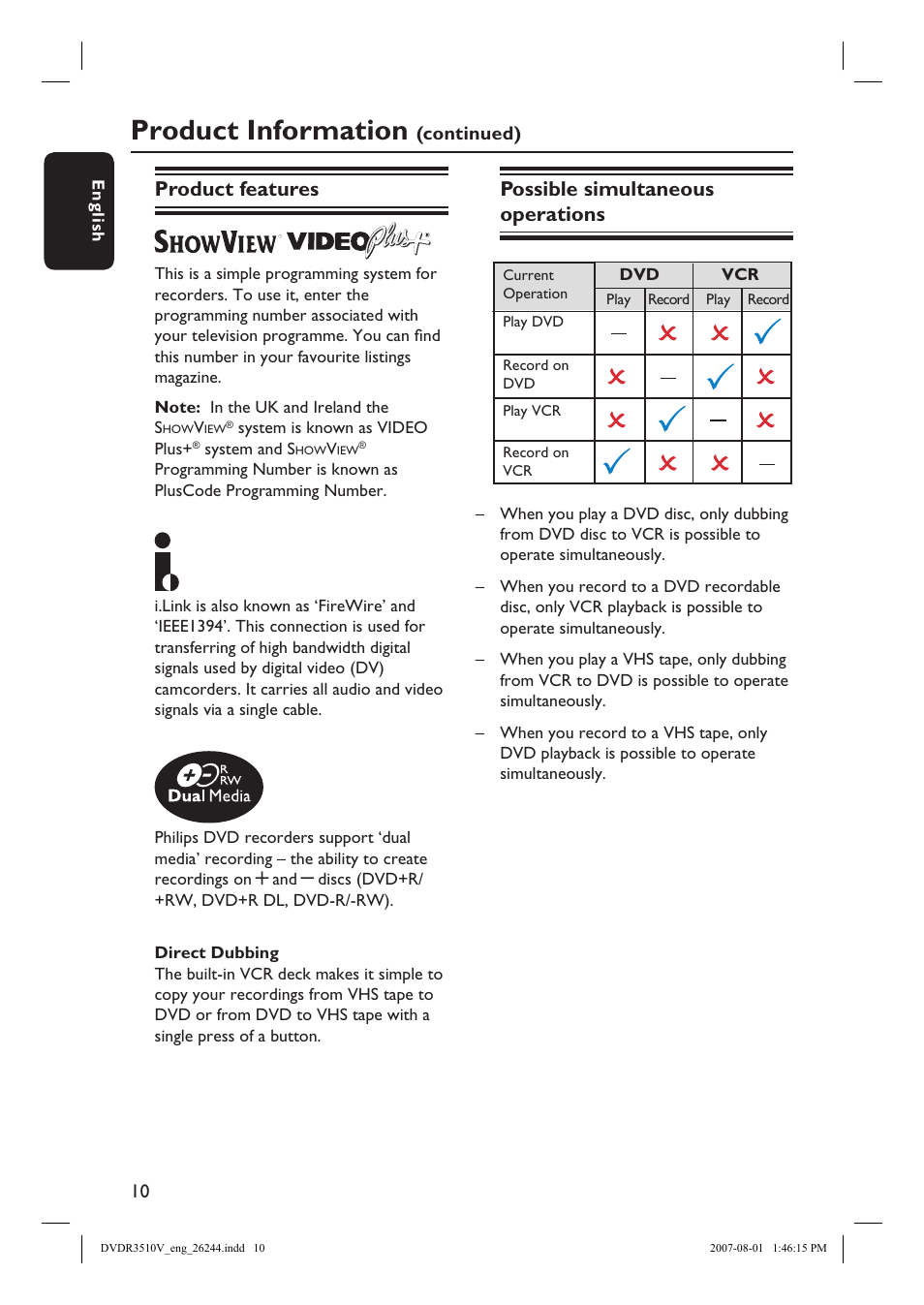 Product information, Product features, Possible simultaneous operations | Philips DVDR3512V User Manual | Page 10 / 74