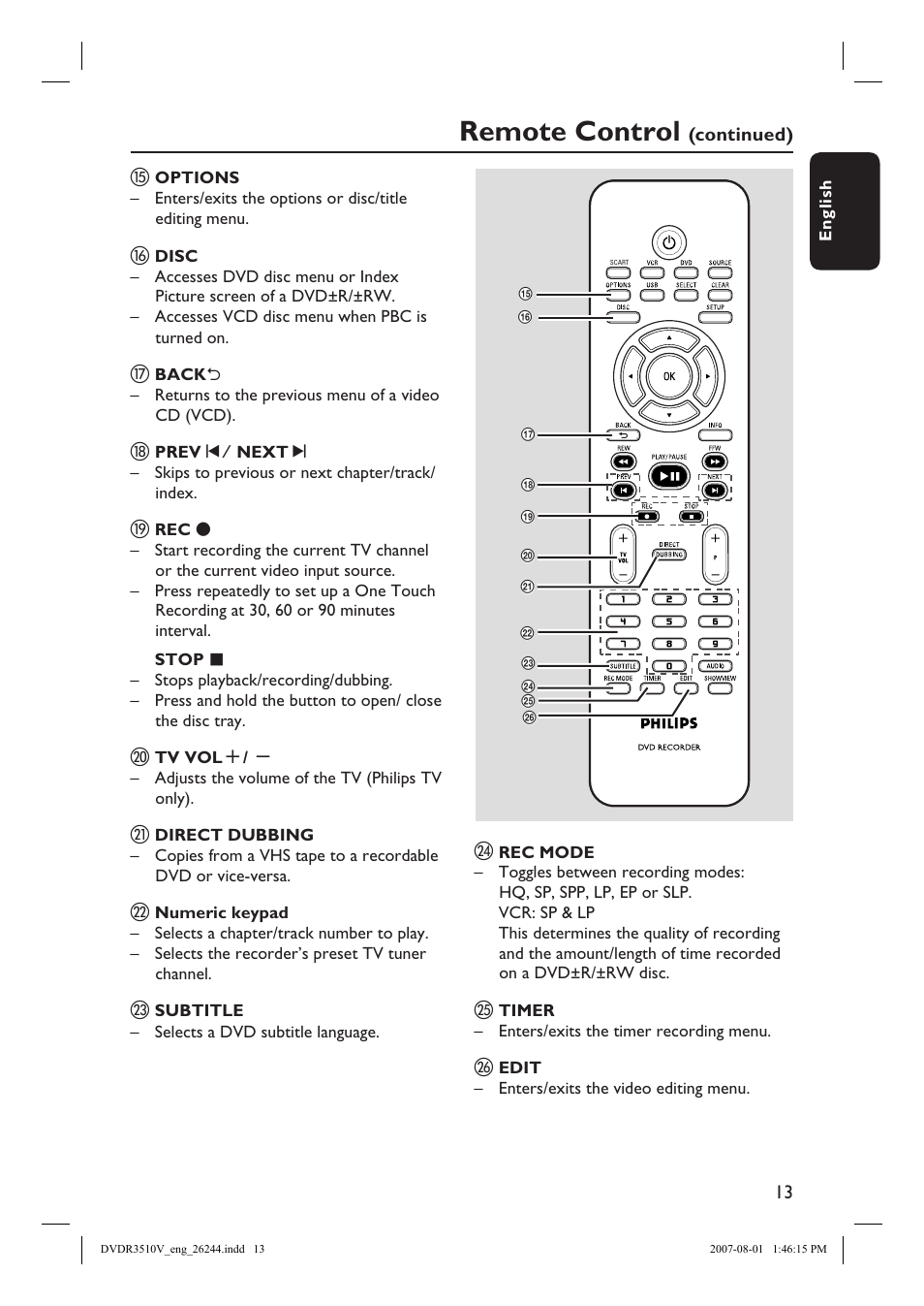 Remote control | Philips DVDR3512V User Manual | Page 13 / 74