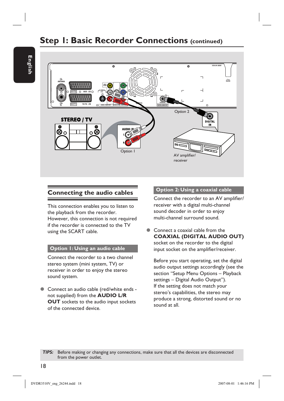 Step 1: basic recorder connections, Connecting the audio cables, Continued) | English | Philips DVDR3512V User Manual | Page 18 / 74