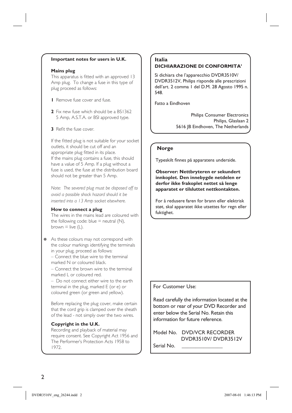 Philips DVDR3512V User Manual | Page 2 / 74