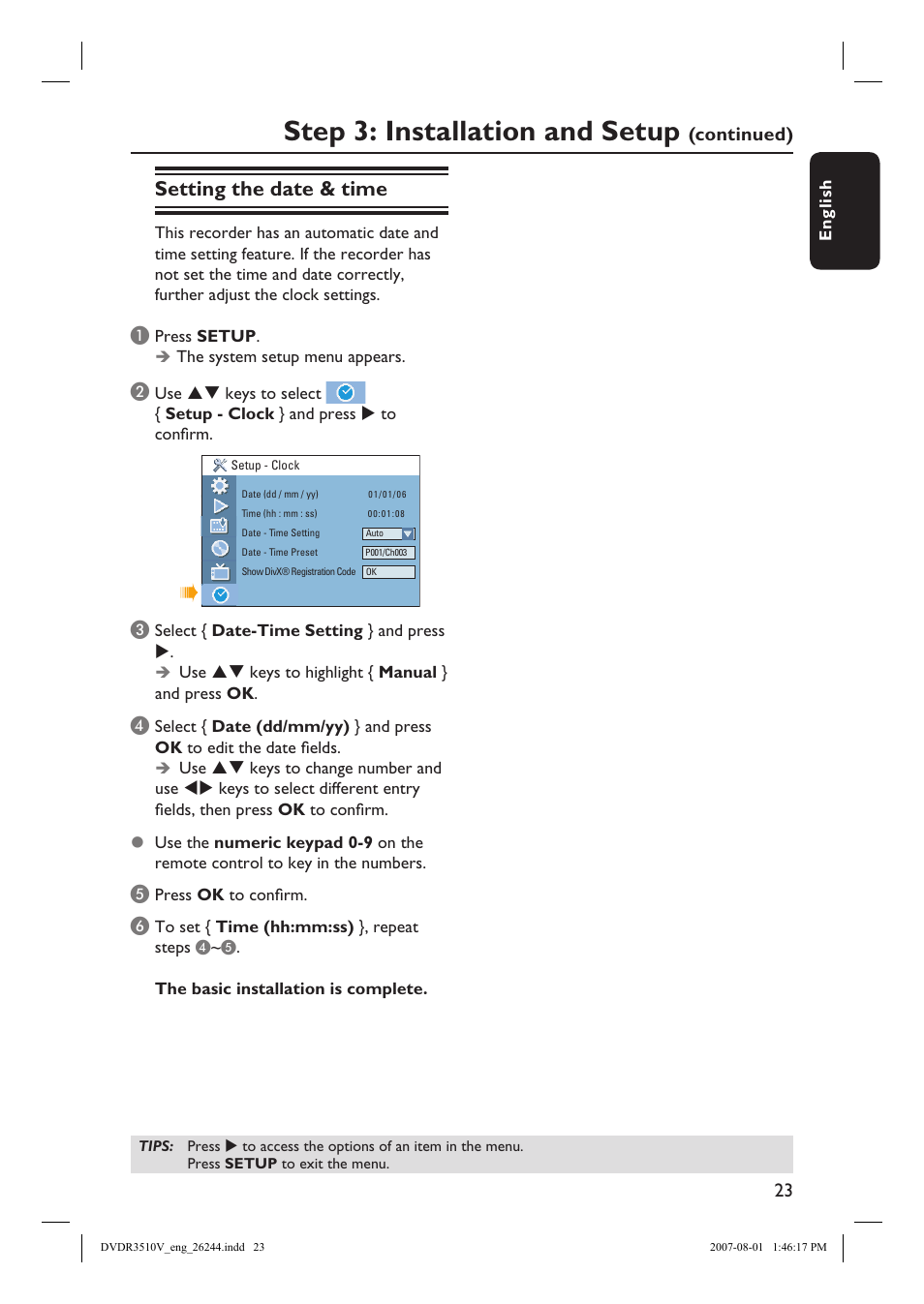 Step 3: installation and setup, Setting the date & time, Continued) | Philips DVDR3512V User Manual | Page 23 / 74