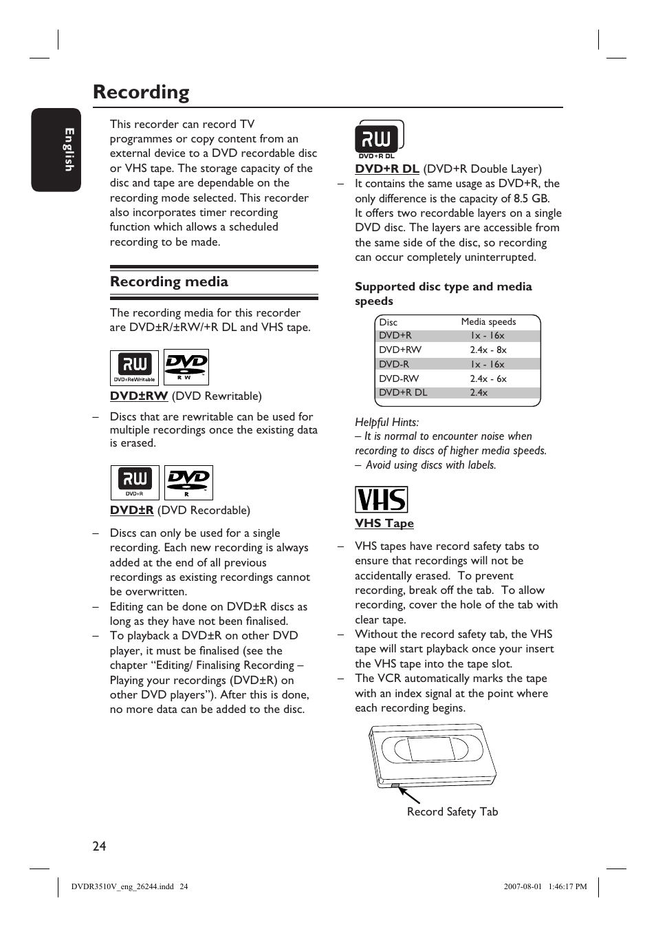 Recording, Recording media | Philips DVDR3512V User Manual | Page 24 / 74