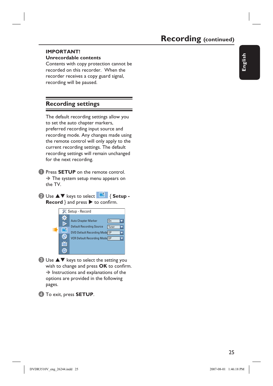 Recording, Recording settings, Continued) | Philips DVDR3512V User Manual | Page 25 / 74