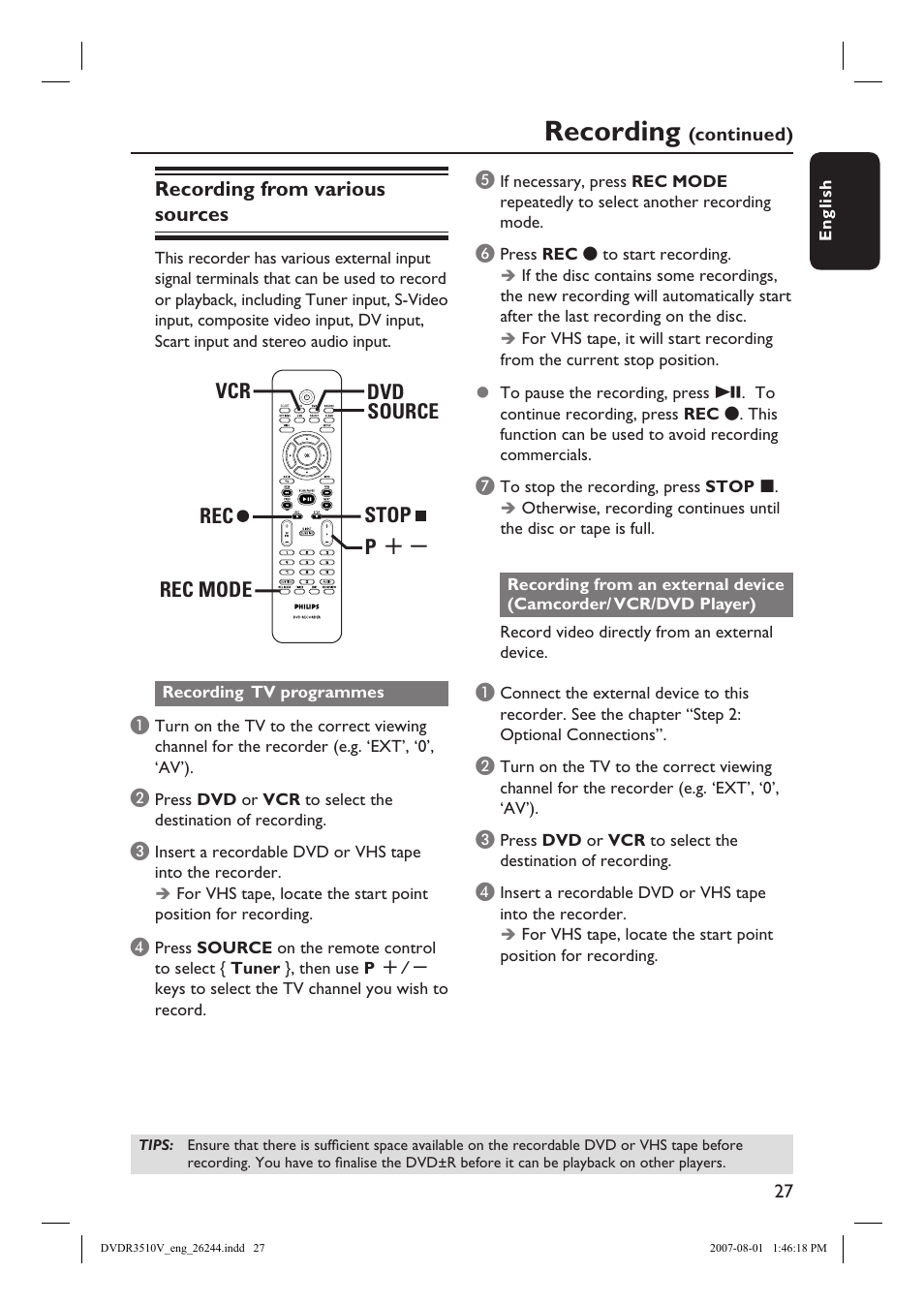 Recording, Recording from various sources, Source dvd vcr rec stop rec mode p | Philips DVDR3512V User Manual | Page 27 / 74