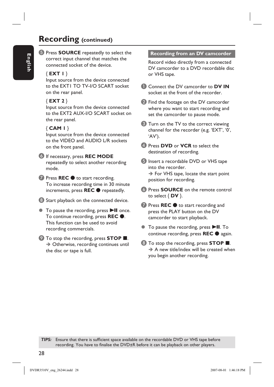 Recording | Philips DVDR3512V User Manual | Page 28 / 74