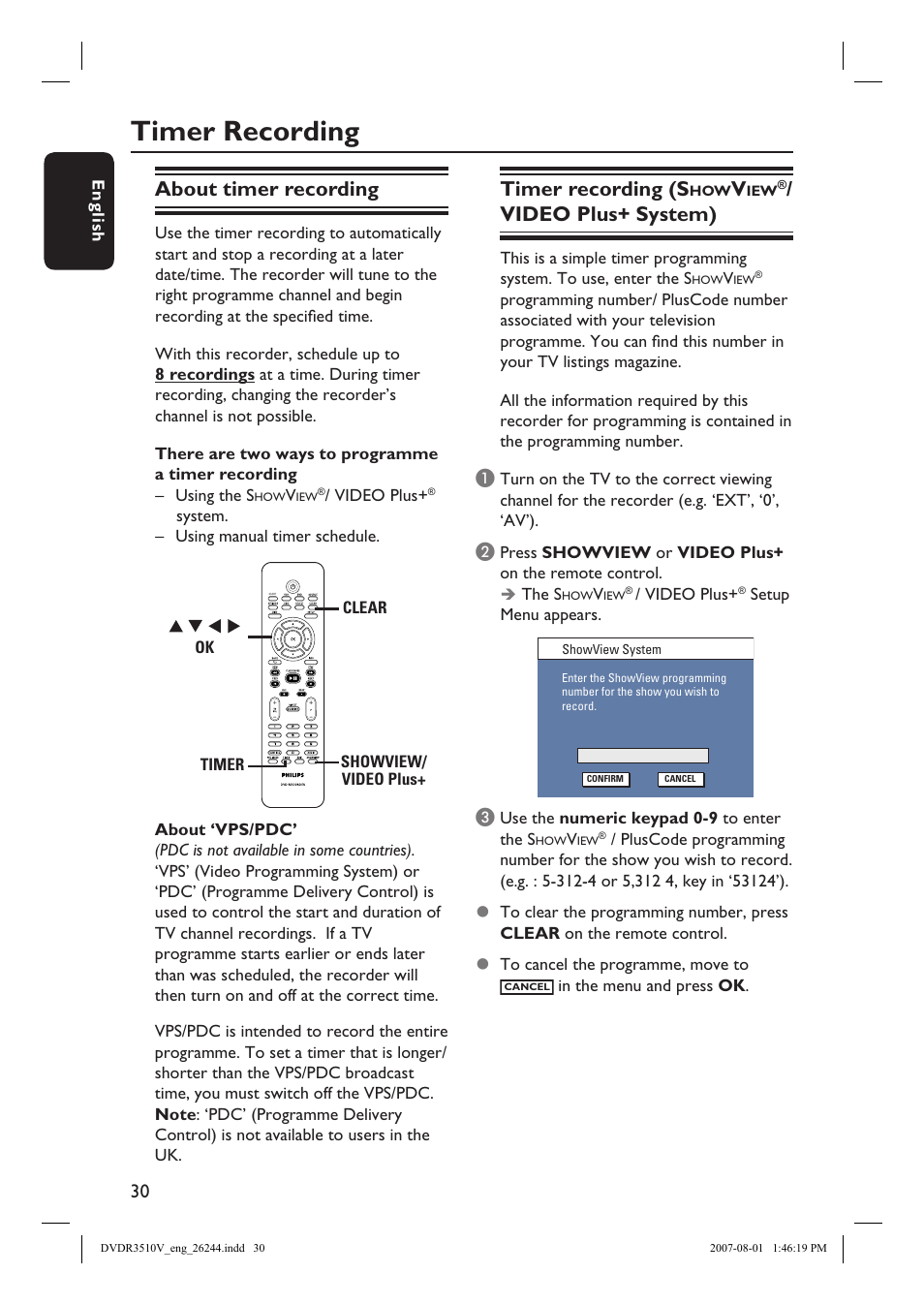 Timer recording, About timer recording, Timer recording (s | Video plus+ system) | Philips DVDR3512V User Manual | Page 30 / 74