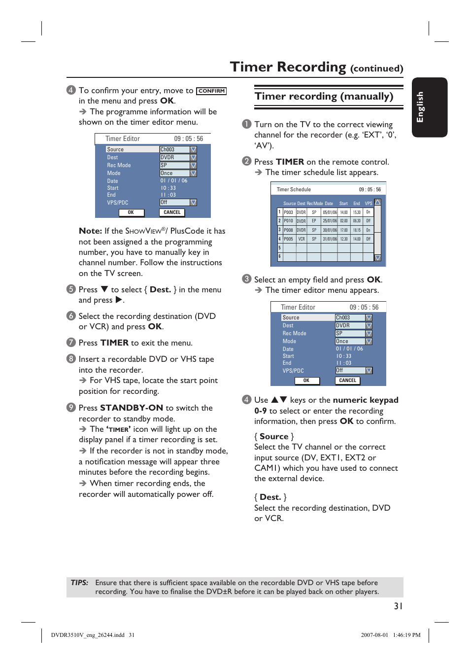 Timer recording, Timer recording (manually), Continued) d | English, Press timer to exit the menu | Philips DVDR3512V User Manual | Page 31 / 74