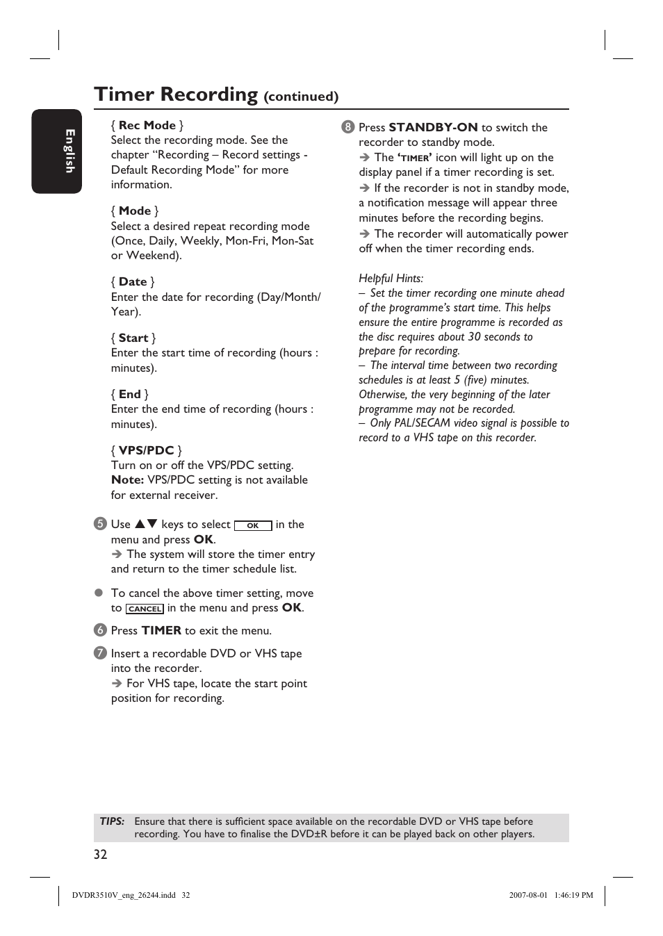 Timer recording | Philips DVDR3512V User Manual | Page 32 / 74