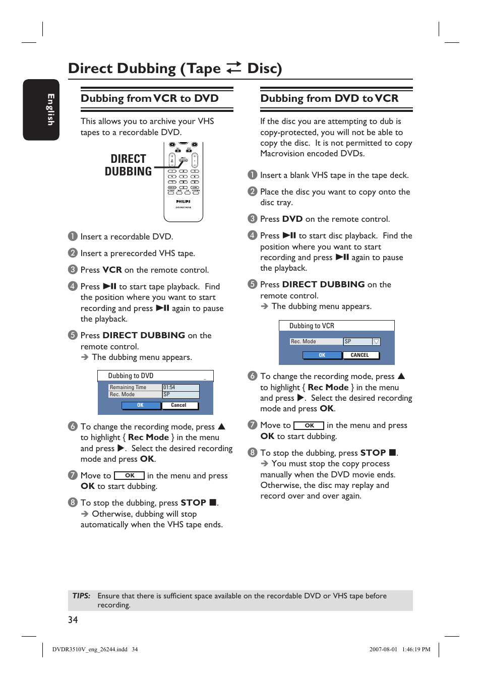 Direct dubbing (tape î disc), Direct dubbing, Dubbing from vcr to dvd | Dubbing from dvd to vcr | Philips DVDR3512V User Manual | Page 34 / 74