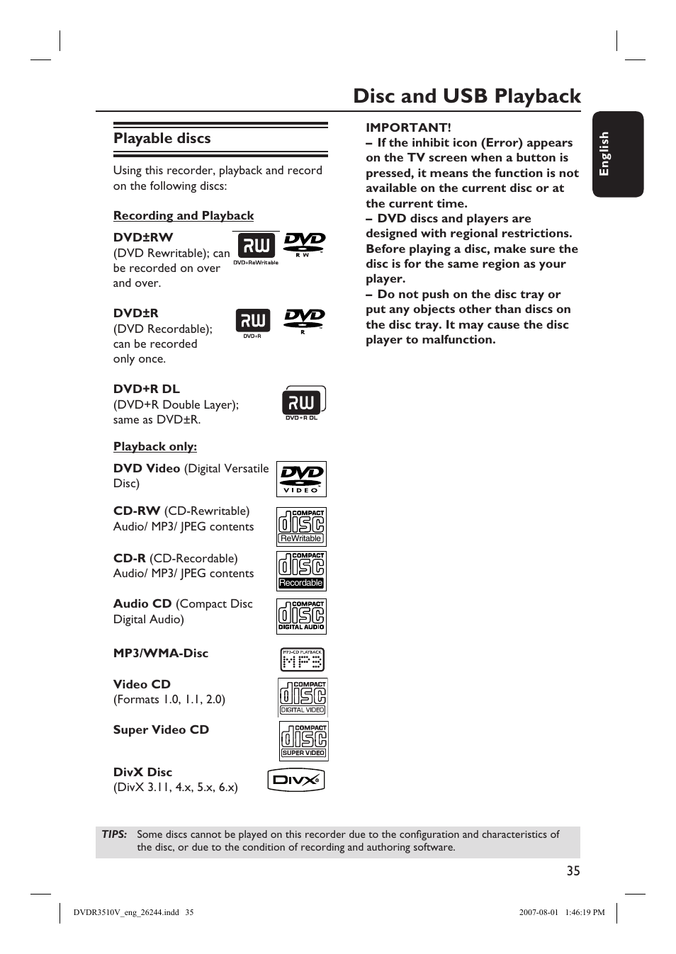 Disc and usb playback, Playable discs | Philips DVDR3512V User Manual | Page 35 / 74