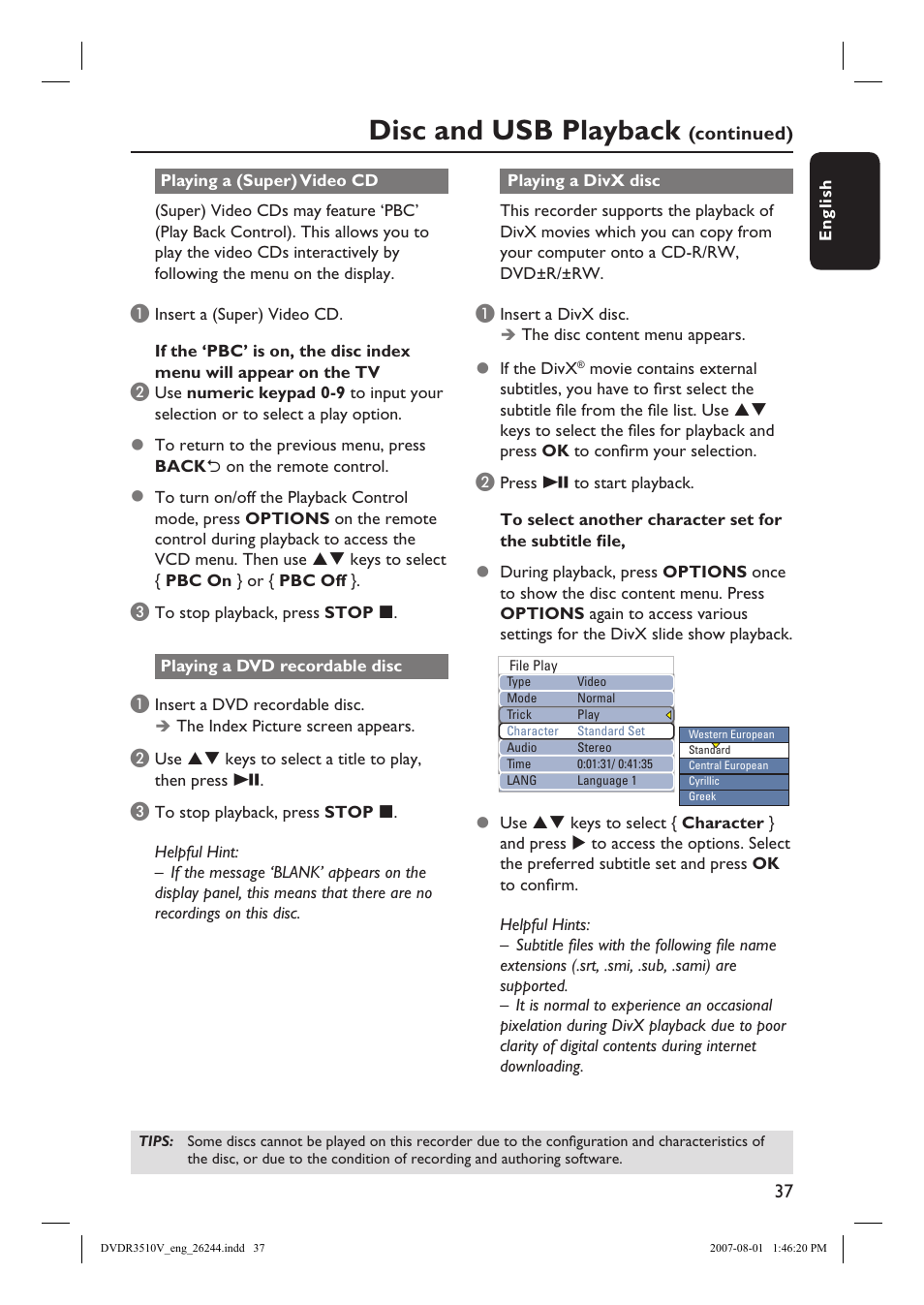 Disc and usb playback | Philips DVDR3512V User Manual | Page 37 / 74